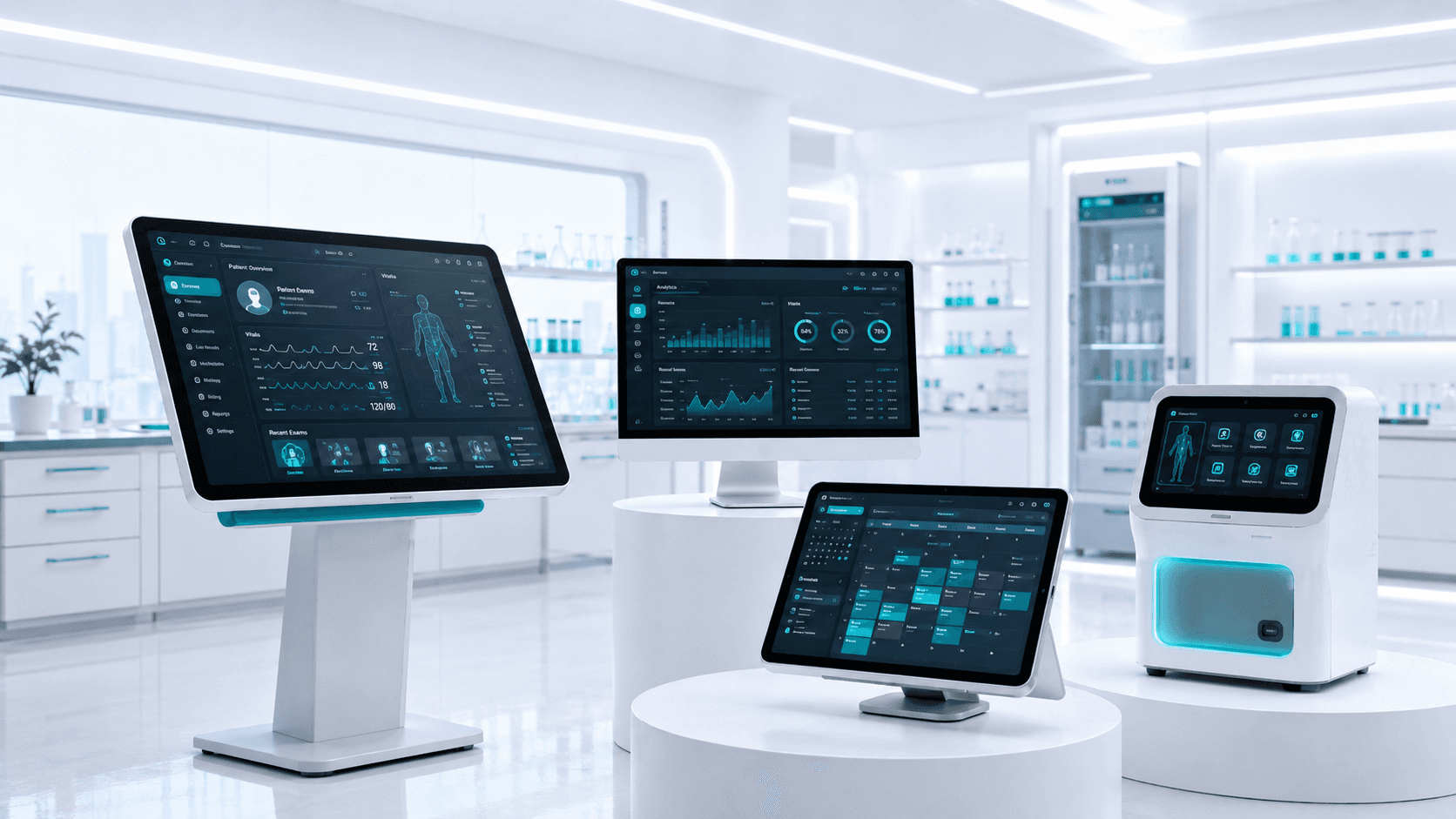 Hospital software dashboards on wall screens and tablets